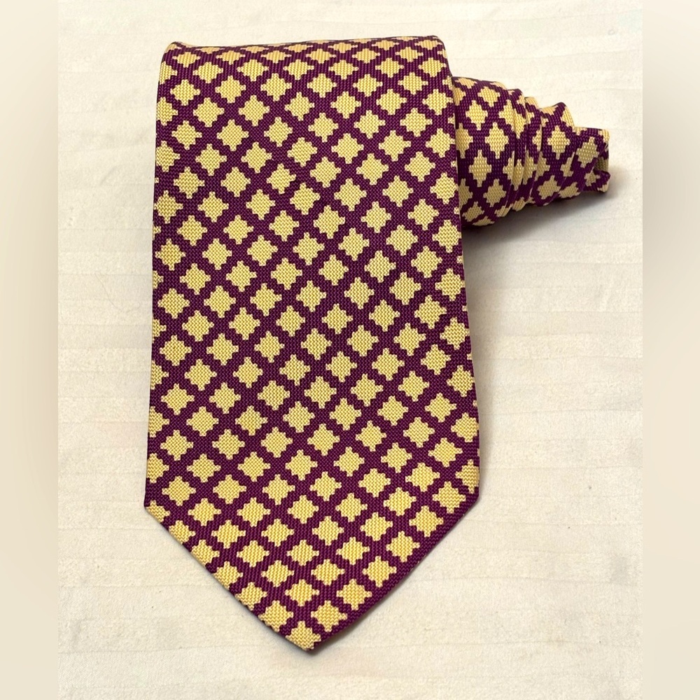 Polo Ralph Lauren Silk Mens Necktie Tie Yellow Purple Geometric Designer Career
